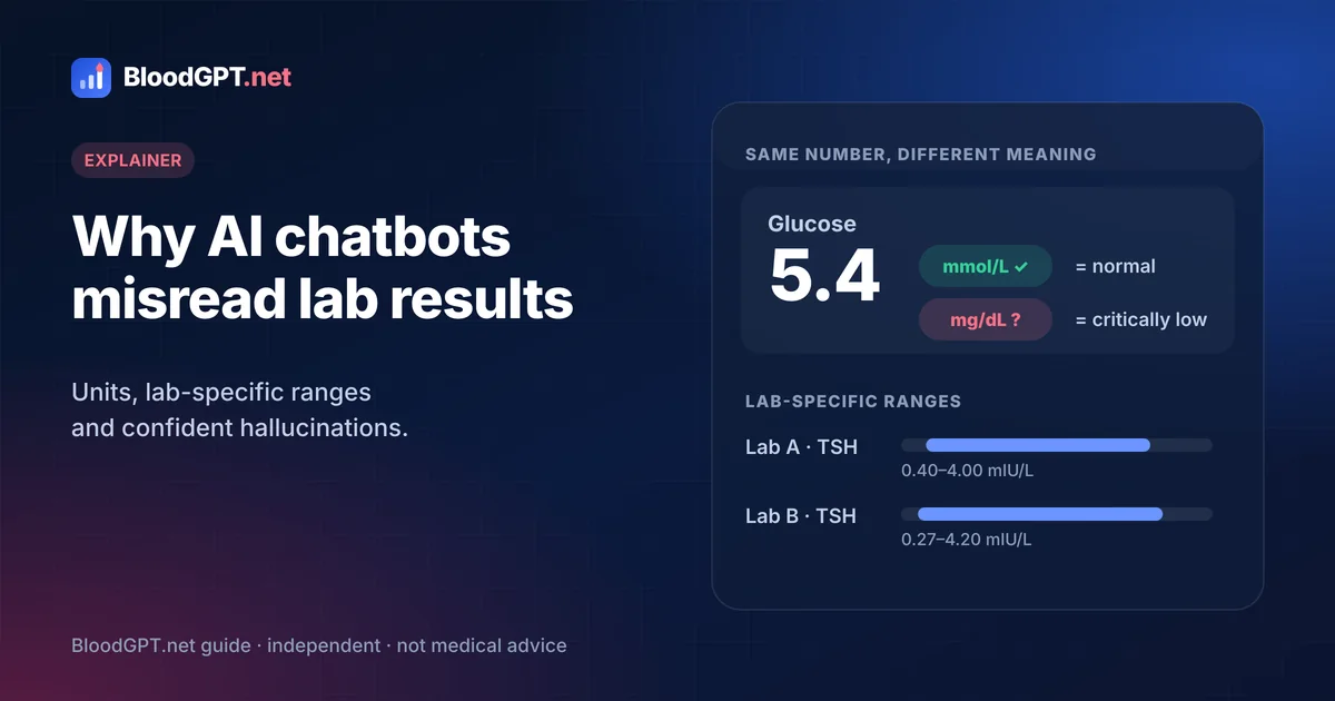 Lab report table with a misread decimal and mixed mg/dL and mmol/L units highlighted, illustrating AI reading errors